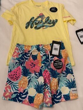NWT Hurley Tropical Print Swim Shorts with Matching Yellow T Shirt Size 5